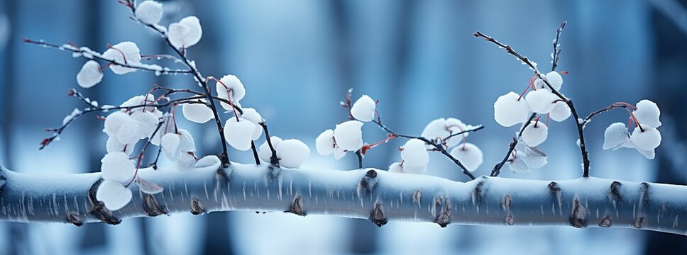 An AI illustration of snow - covered tree branches are still on the branch as a background