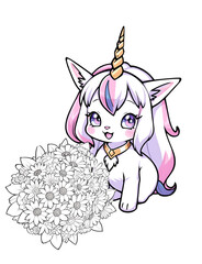 Unicorn and flowers coloring page 