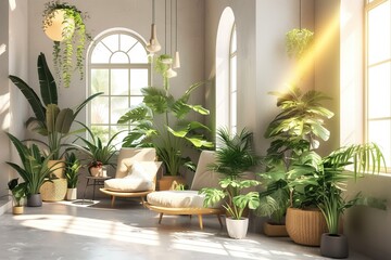 Living room with green plants.