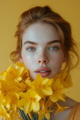 Serene Young Woman with a Bouquet of Daffodils, Spring Freshness