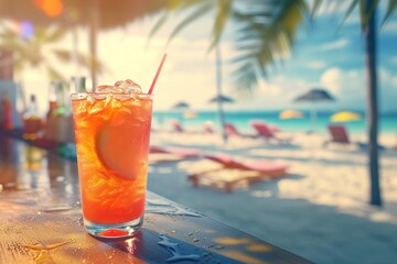 Summer refreshing drink cocktail on the beach.