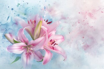 Abstract background with soft pink lily flowers with watercolor splashing. Botanical wallpaper with blooming bouquet with paints texture. Horizontal illustration for banner design