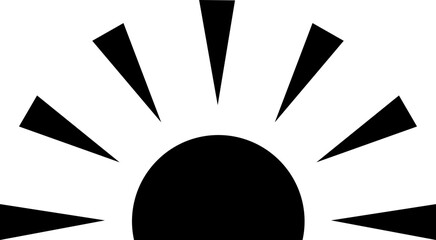 Black sun flat icon, sunshine and solar glow sunrise or sunset. Decorative half circle sun and sunlight. Hot solar energy for tan. Vector isolated on transparent background. Hand drawn symbol. - obrazy, fototapety, plakaty