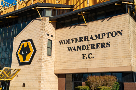 Wolverhampton, England &ndash; February 12 2024: Frontage of the UK football team Wolverhampton Wanderers stadium with club logo and name of team