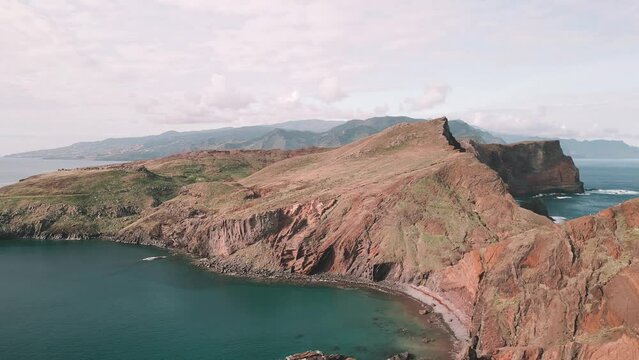 Drone Flight Aerial at the spectacular Vereda da Ponta de  Sao Lourenco Hike, Madeira, Portugal