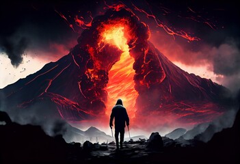 Dramatic natural disaster illustration - the eruption of mount Vesuvius in ancient Italy. Silhouette of person` escaping ash, smoke and lava in a deadly catastrophe. Pompeii deadly. Generative AI - obrazy, fototapety, plakaty