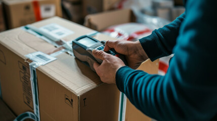 a person in a blue work shirt is using a handheld barcode scanner on a package in a warehouse environment, suggesting activities related to inventory management or logistics.