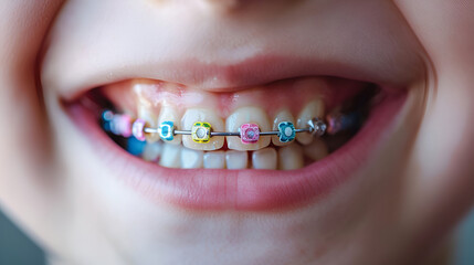 Close-up of the smile of a teenage girl with bright multi-colored shiny braces on healthy white teeth. Children's dentistry concept.