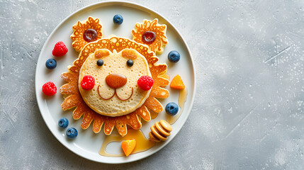 pancakes in the shape of a lion's face, decorated with raspberries, chives and honey on a gray concrete background with copy space for text. children's breakfast concept. View from above
