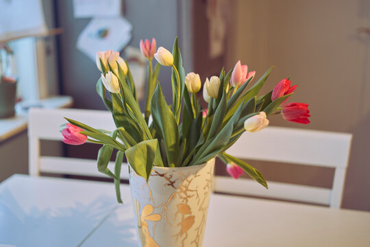 tulips in a vase on the kitchen table