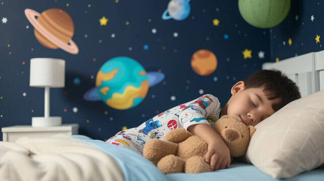 A child is sleeping peacefully in bed, hugging a teddy bear, with space-themed wallpaper of stars and planets in the background.