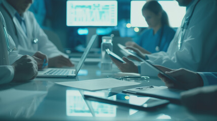 A medical team in a discussion around a table with digital devices and medical documents