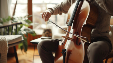 A wide shot of a person practicing an instrument at home, capturing the passion and environment
