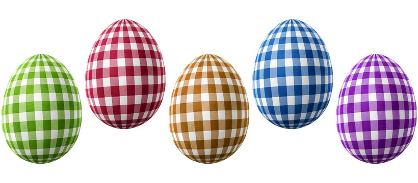 Conjunto de ovos da p&aacute;scoa xadrez. Grupo de ovos de chocolate com textura de pano xadrez coloridos.