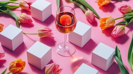 Rose Wine Glass Surrounded by Fresh Tulips on Pink Background
