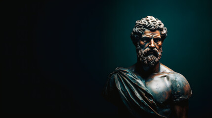 Statue d'homme grec sur fond noir - obrazy, fototapety, plakaty