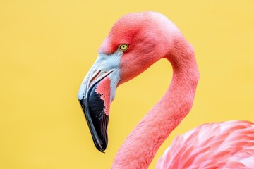 pink flamingo in yellow background closeup