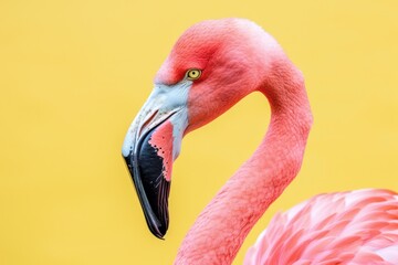 Obraz premium pink flamingo in yellow background closeup