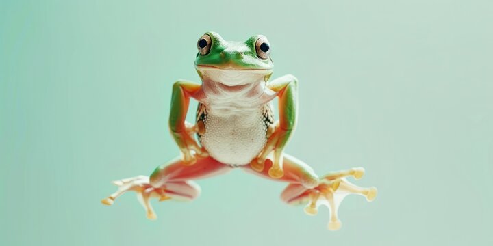 green frog jumping on the pastel background