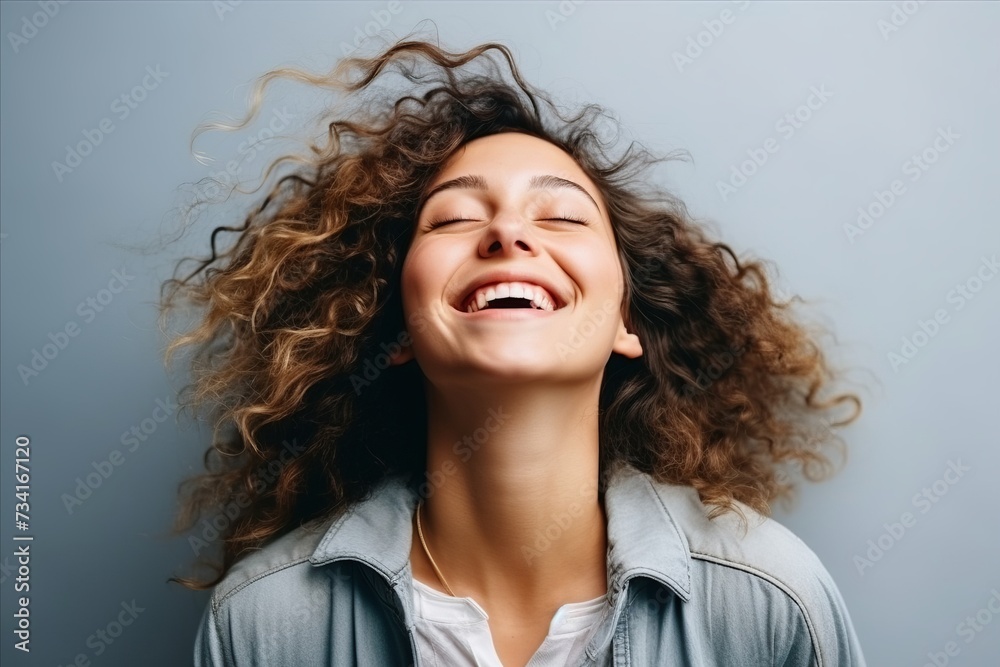 Canvas Prints Portrait of a beautiful young woman with long curly hair and closed eyes