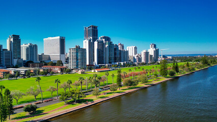 Perth skyline, Western Australia. Beautiful aerial view of city skyline along the river