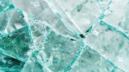 Glass disintegration - shattered pieces of glass on white surface, abstract texture background