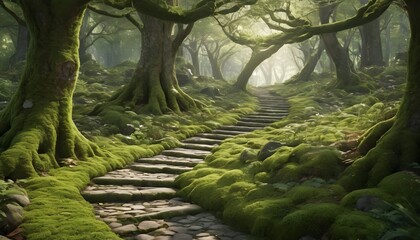 scene of a moss-covered stone path winding through a fairy-tale forest with trees arching overhead, creating a natural cathedral. - obrazy, fototapety, plakaty