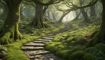 Foto auf Acrylglas scene of a moss-covered stone path winding through a fairy-tale forest with trees arching overhead, creating a natural cathedral. © JazzRock