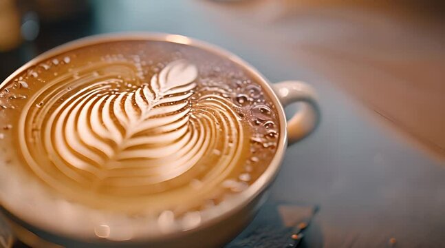 Cup of cappuccino with latte art, close up video 