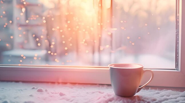 Hot coffee is steaming in the cold winter window 