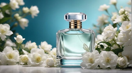 Obraz na płótnie Canvas Perfume glass bottle and white flowers on blue background.