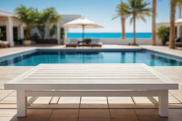 White wooden empty  podium, product presentation , visual layout on summer travel hotel swimming pool background. Copy space