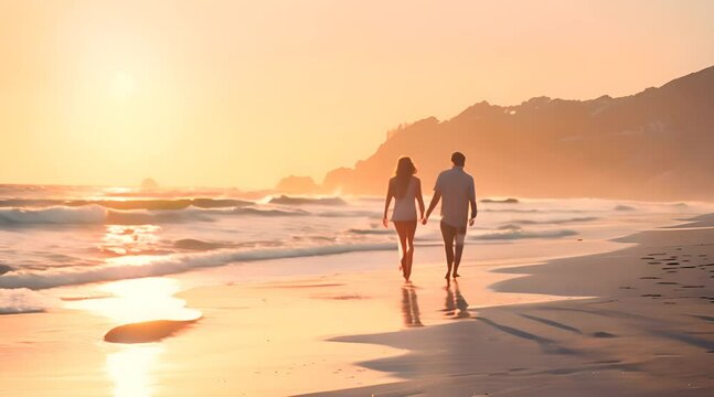 A couple walking in the beach at sunset holding each other hands