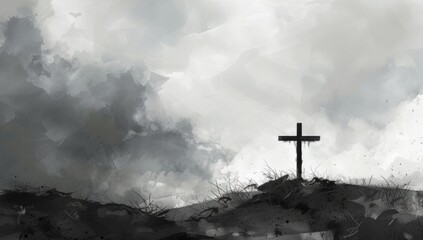 a cross in black and white with a white background on a cloudy day Generative AI