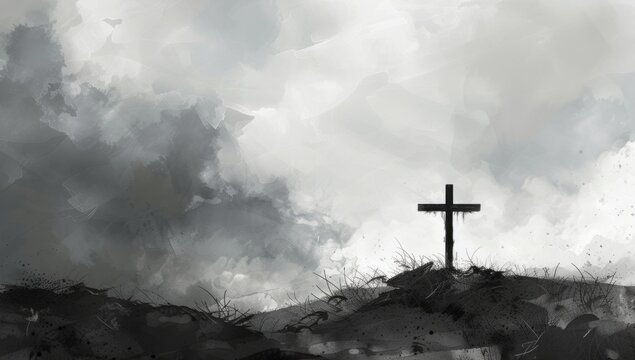 a cross in black and white with a white background on a cloudy day Generative AI