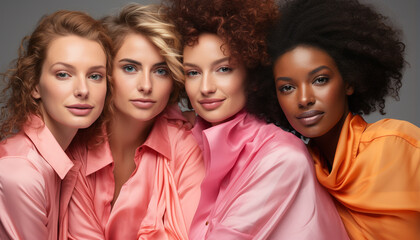 Fototapeta premium Young women smiling, looking at camera, radiating happiness and cheerfulness generated by AI