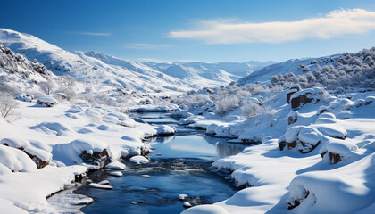 Fototapeta na wymiar Majestic mountain peak, frozen landscape, tranquil scene, flowing water generated by AI