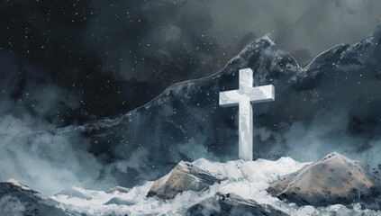 white cross in the mud on a rock background with snow and fog Generative AI