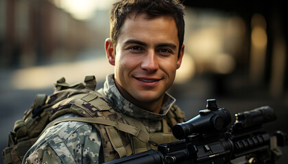 Fototapeta premium A confident young soldier aims his rifle, looking at camera generated by AI