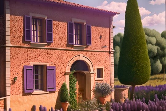 Zoom to a Tuscan mansion with purple shutters and thuya in the front of the house 