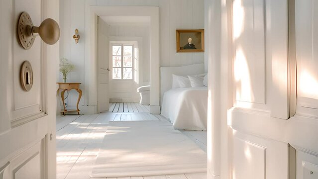 Entering a new luxury white stylish home. Open front double door to new home, 3d Rendering 4k video. Beautiful modern house,apartment or villa. Welcome to building