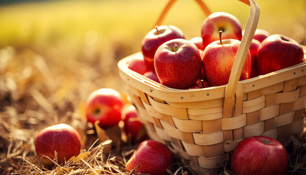 Fresh, ripe apples in a wicker basket, a taste of nature generated by AI