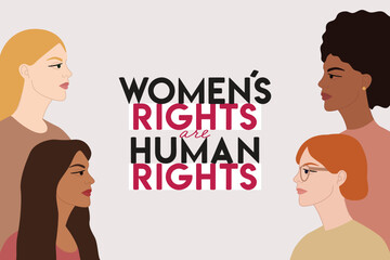 Women s rights are human rights illustration with group of diverse female characters stand together. International Women s Day, 8 March. Woman empowerment concept. Pastel vector illustration