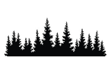Obraz premium Fir trees silhouette. Coniferous spruce horizontal background pattern, black evergreen woods vector illustration. Beautiful hand drawn panorama of coniferous forest