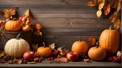 Naklejka na ściany i meble Thanksgiving background: Apples, pumpkins and fallen leaves on wooden background. Copy space for text. Halloween, Thanksgiving day or seasonal