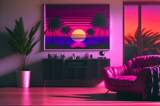 Cozy synthwave interior of a living room in California 