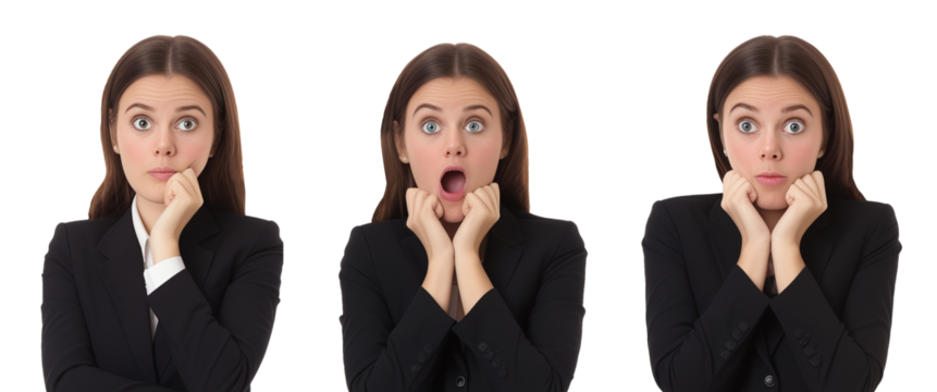 Surprised, concerned businesswoman isolated on transparent or white background, png