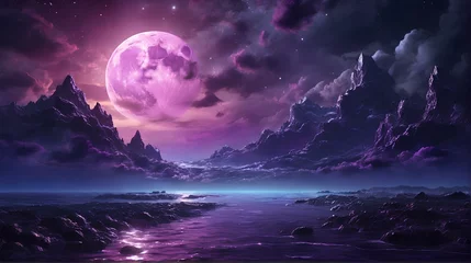 Schilderijen op glas purple moon at the sea night © Orrigamy