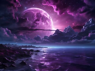 Naklejka na ściany i meble purple moon at the sea night