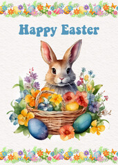 Watercolor Easter bunny in basket Happy Easter Spring flower illustration in pastel colors